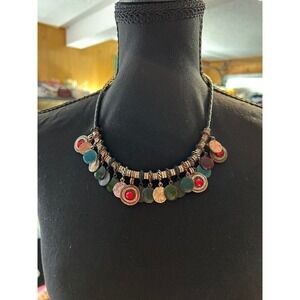Chico's Boho Charm Necklace Mixed Metals w/ Braided Leather Cord.